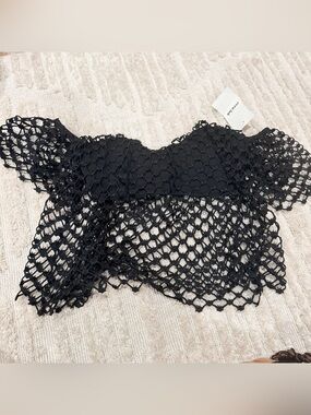 Black Crochet Off-Shoulder Crop Top - Unknown Brand